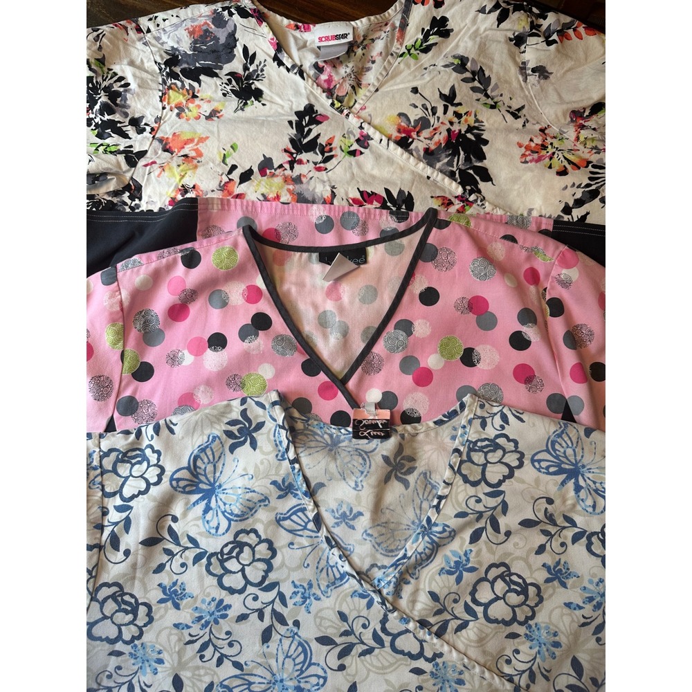 Lot of 3 Womens Scrub Tops 2X 2XL Floral Butterfly Polka Dot Scrubstar Cherokee